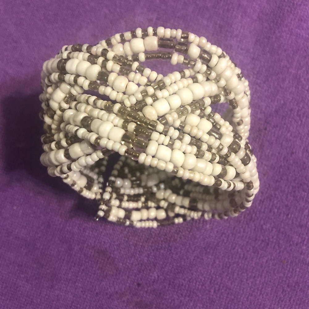 Handmade Vintage White Seed Bead Adjustable Cuff Bracelet - Picture 3 of 5